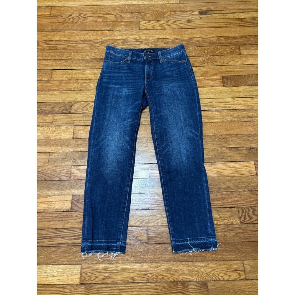 Talbots Flawless Five Pocket Cropped Jeans Size 2 Blue Dark Stretch Frayed Denim